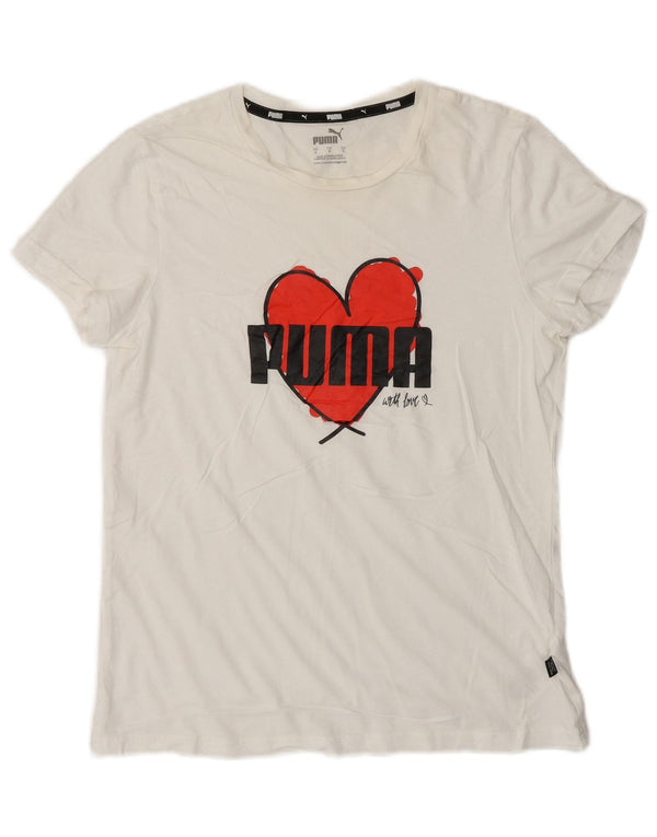 Puma camiseta feminina gráfica top UK 10 pequeno algodão branco