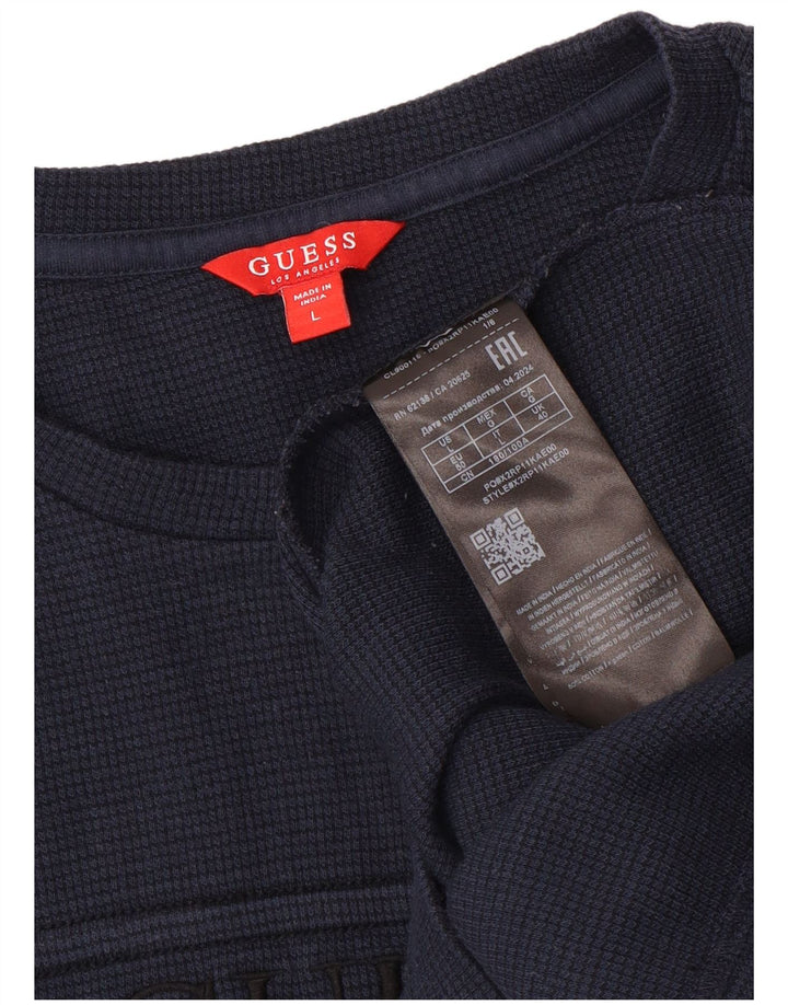 Guess Mens Gráfico Top Manga Longa Grande Algodão Azul Marinho