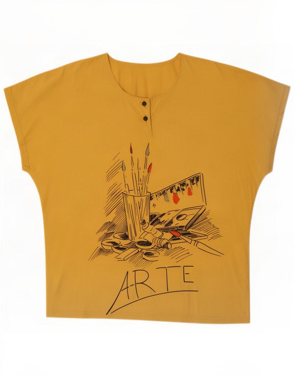 Blusa gráfica feminina vintage UK 14 algodão amarelo médio