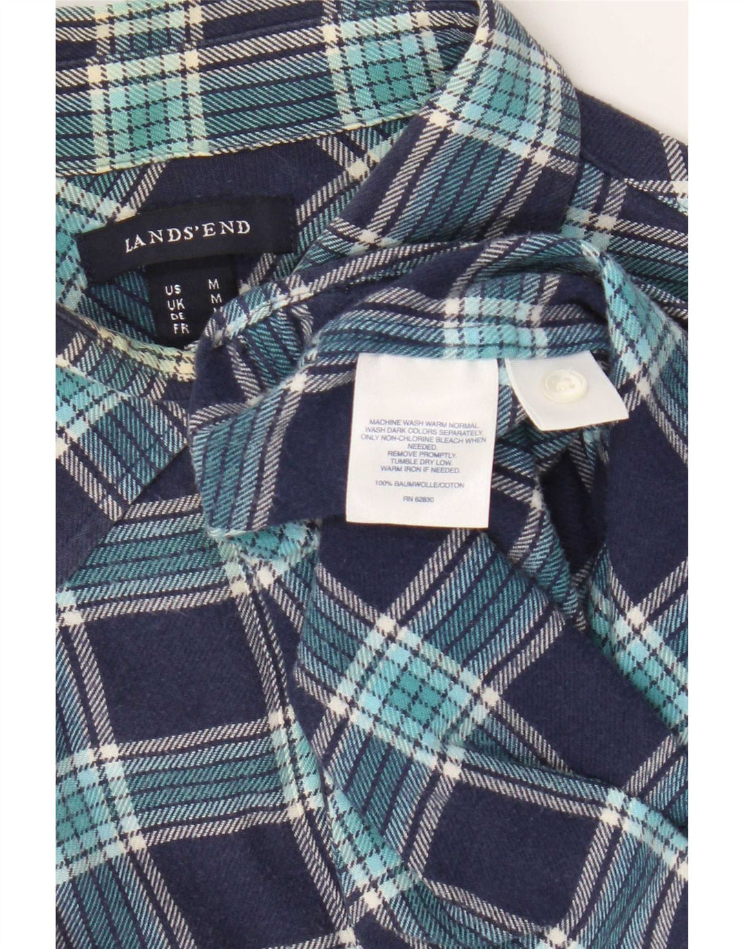 Camisa feminina de flanela Lands End Reino Unido 14 algodão xadrez médio azul marinho