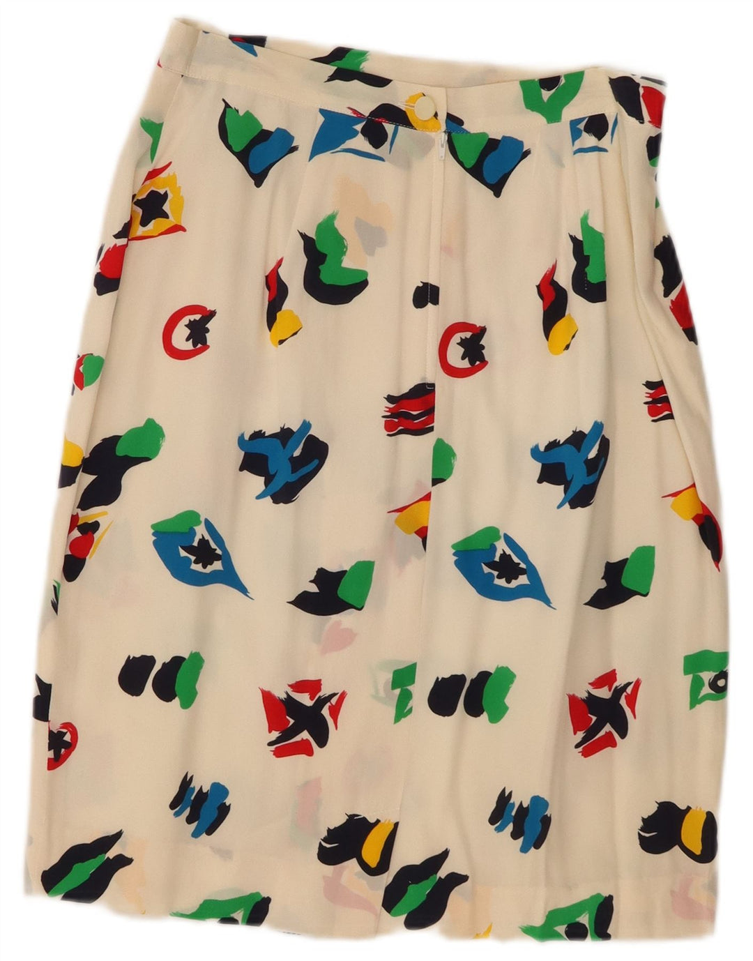 Saia midi feminina vintage com padrão abstrato Reino Unido 10 pequena W28 branco