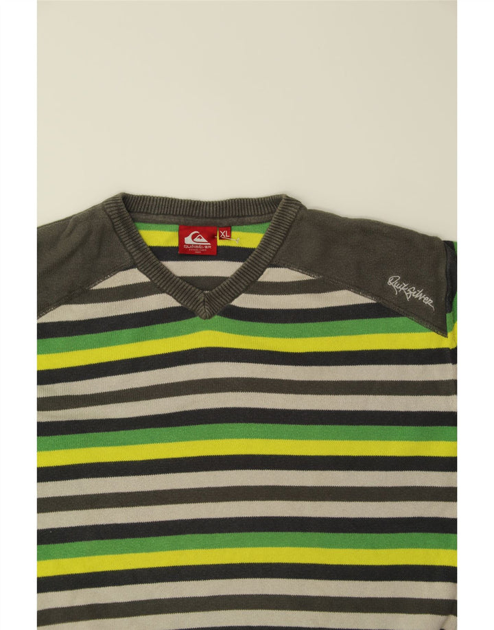 QUIKSILVER Mens V-Neck Jumper Sweater XL Green Striped Cotton Vintage Quiksilver and Second-Hand Quiksilver from Messina Hembry 