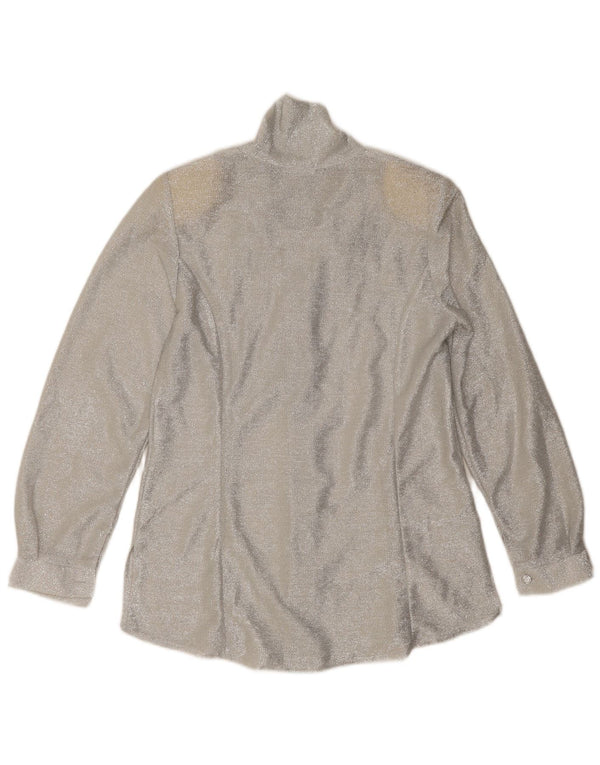 Blusa feminina vintage com gravata frontal Reino Unido 12 médio prateado salpicado