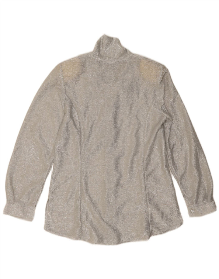 Blusa feminina vintage com gravata frontal Reino Unido 12 médio prateado salpicado