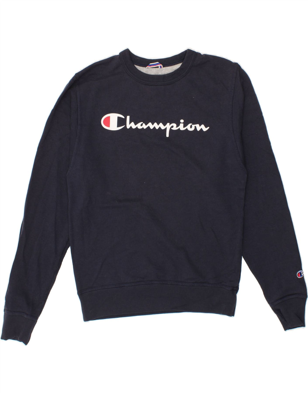 CHAMPION Mens Graphic Sweatshirt Jumper Small Navy Blue Cotton Vintage Champion and Second-Hand Champion from Messina Hembry 
