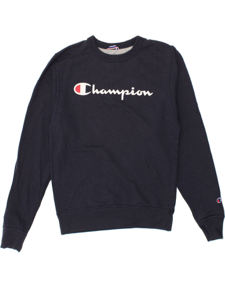 CHAMPION Mens Graphic Sweatshirt Jumper Small Navy Blue Cotton Vintage Champion and Second-Hand Champion from Messina Hembry 