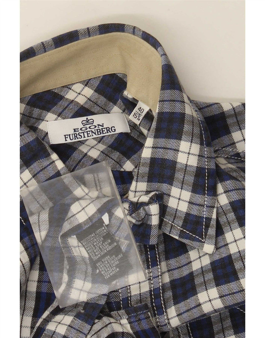 Camisa masculina de flanela Egon Furstenberg tamanho 40 15 3/4 xadrez azul médio