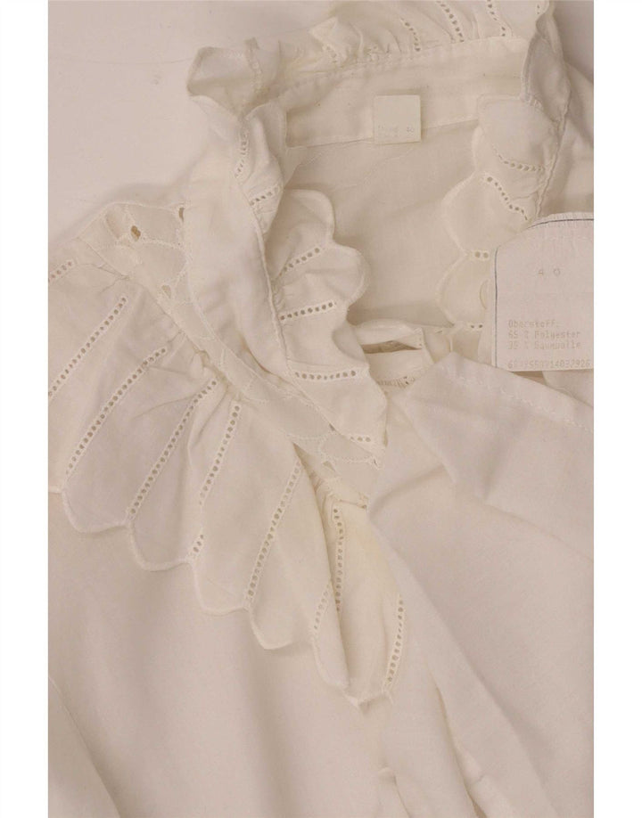Blusa feminina vintage manga 3/4 com babado frontal Reino Unido 12 médio branco