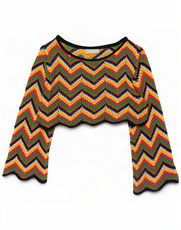 Zara blusa feminina oversized crop top UK 10 pequena Chevron multicolorida