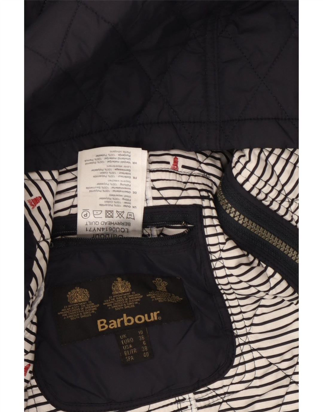 Jaqueta acolchoada feminina BARBOUR UK 10 pequena poliamida azul marinho