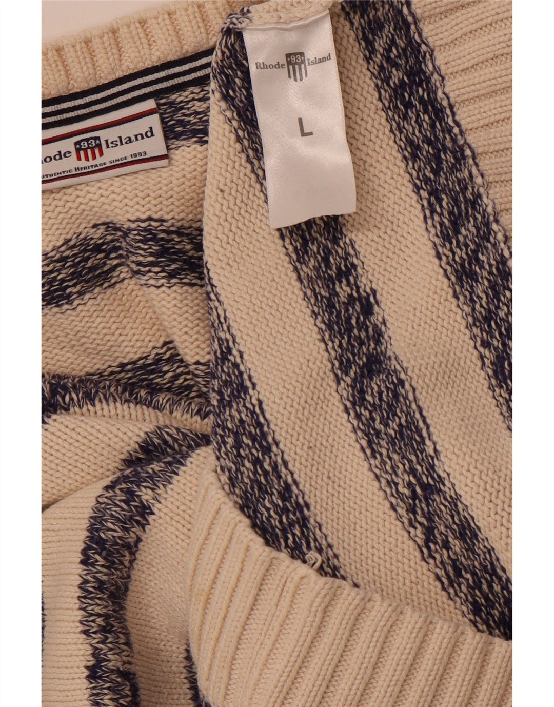 RHODE ISLAND Mens V-Neck Jumper Sweater Large Beige Striped Cotton