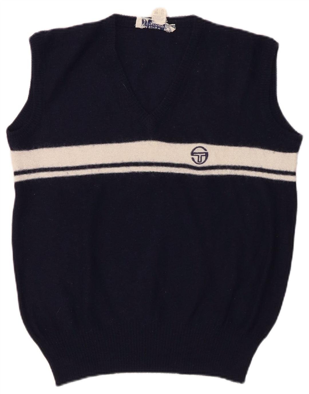 SERGIO TACCHINI Regata feminina colete UK 14 lã listrada azul marinho médio