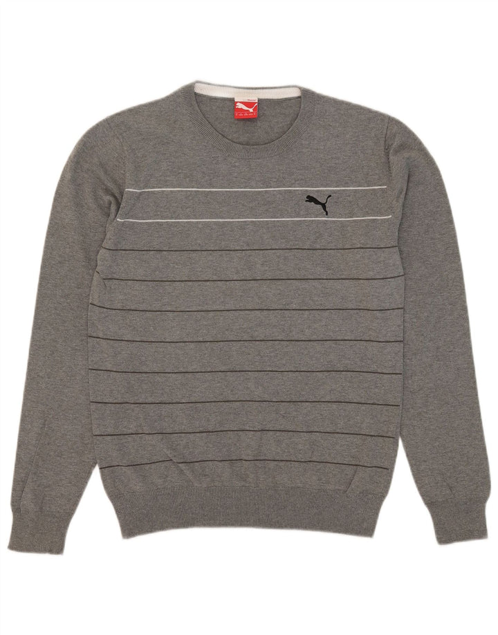 Suéter masculino Puma com gola redonda listrado cinza médio