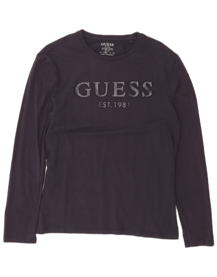 Guess Mens Slim Fit Gráfico Top Manga Longa Reino Unido 36 Pequeno Algodão Azul Marinho