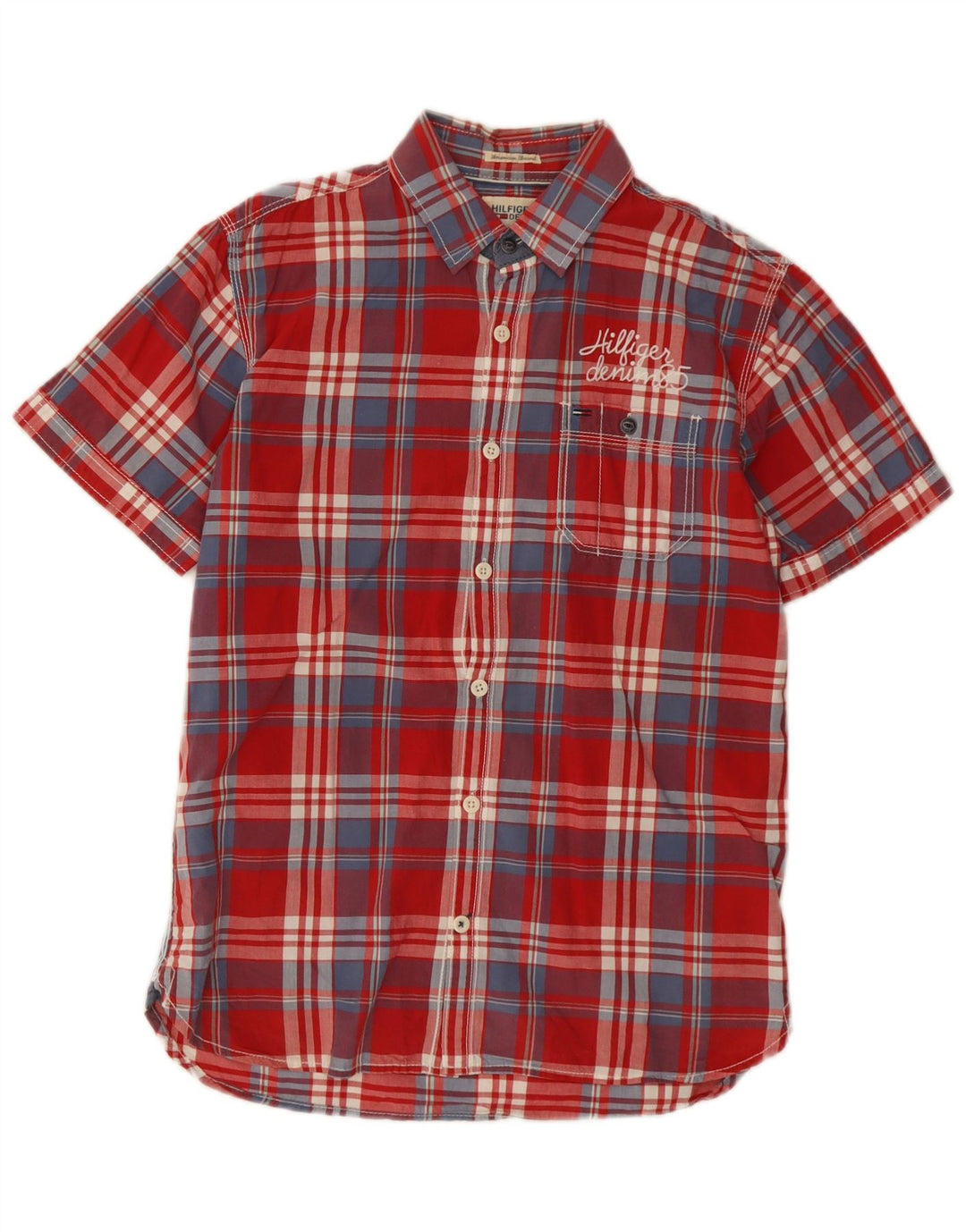 Tommy Hilfiger Camisa masculina de manga curta pequena vermelha xadrez algodão