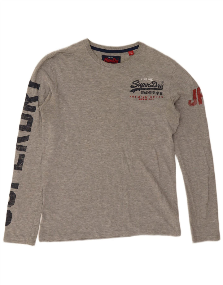 Top gráfico masculino Superdry manga comprida algodão manchado cinza médio