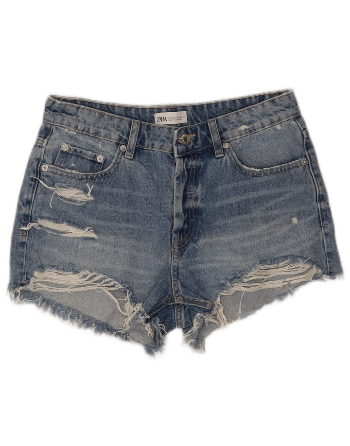 Zara Shorts jeans feminino desgastado UE 38 pequeno W28 algodão azul