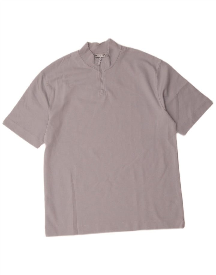 Camiseta masculina Zara com zíper e gola alta de algodão azul médio