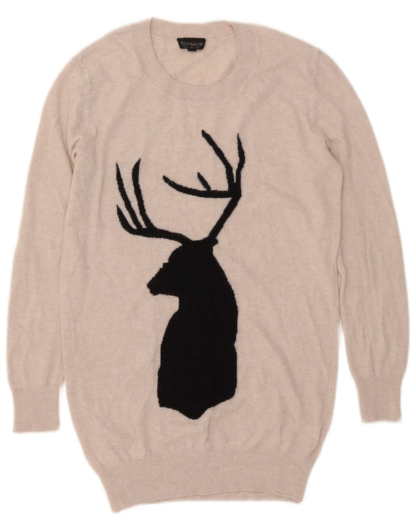 Topshop Womens Longline Graphic Crew Neck Jumper Sweater UK 8 Small Beige