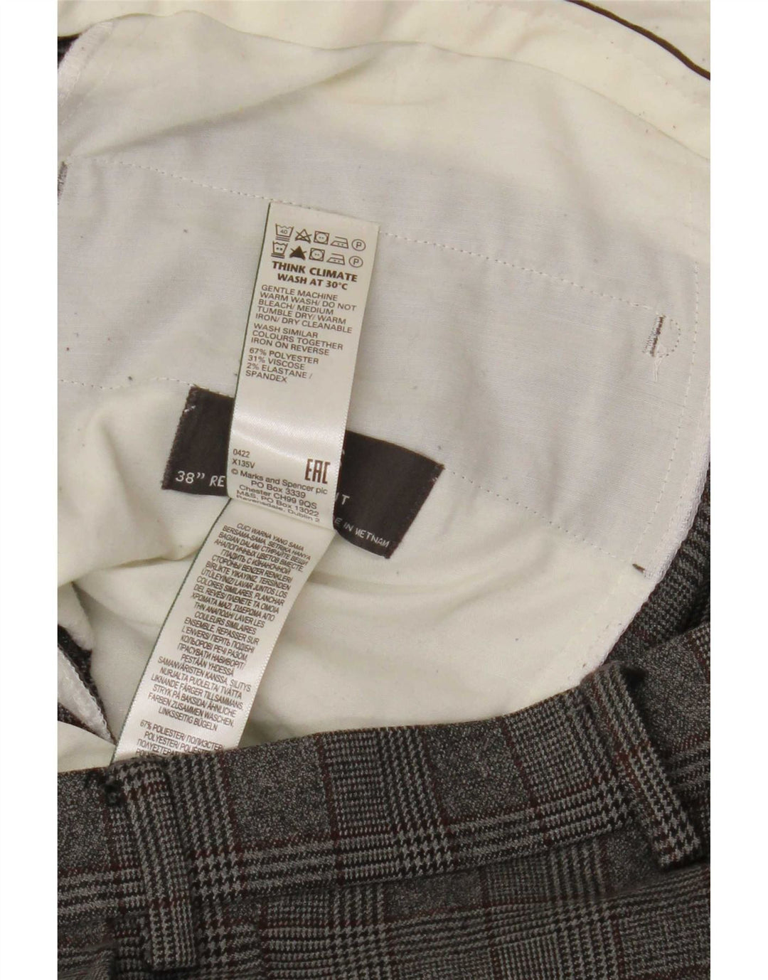 Calça masculina de ajuste regular Marks & Spencer W38 L31 poliéster xadrez cinza