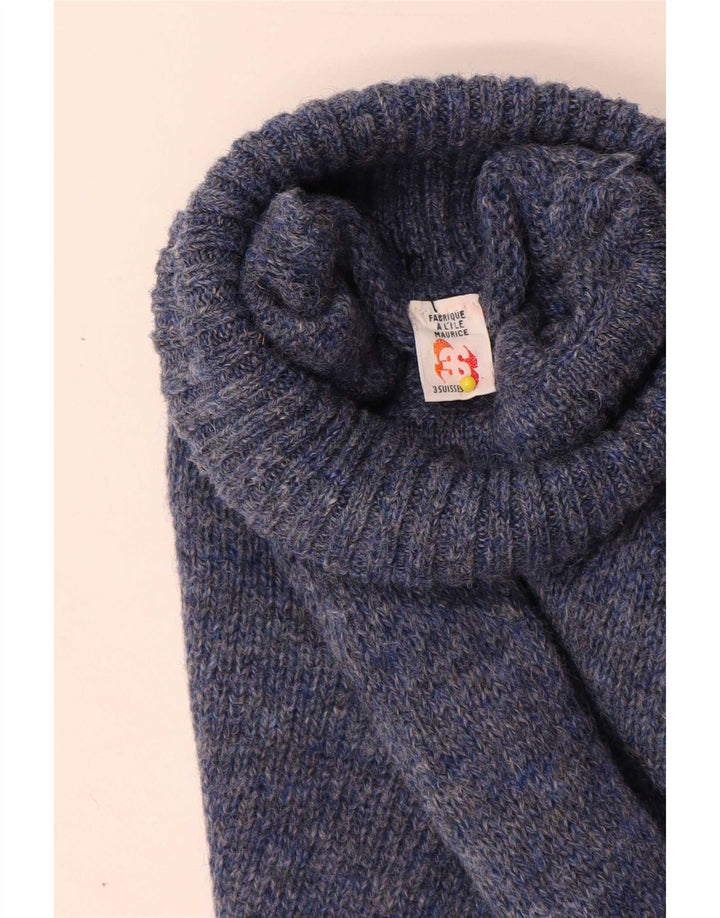 Suéter vintage masculino com gola redonda, pequeno azul de lã nova