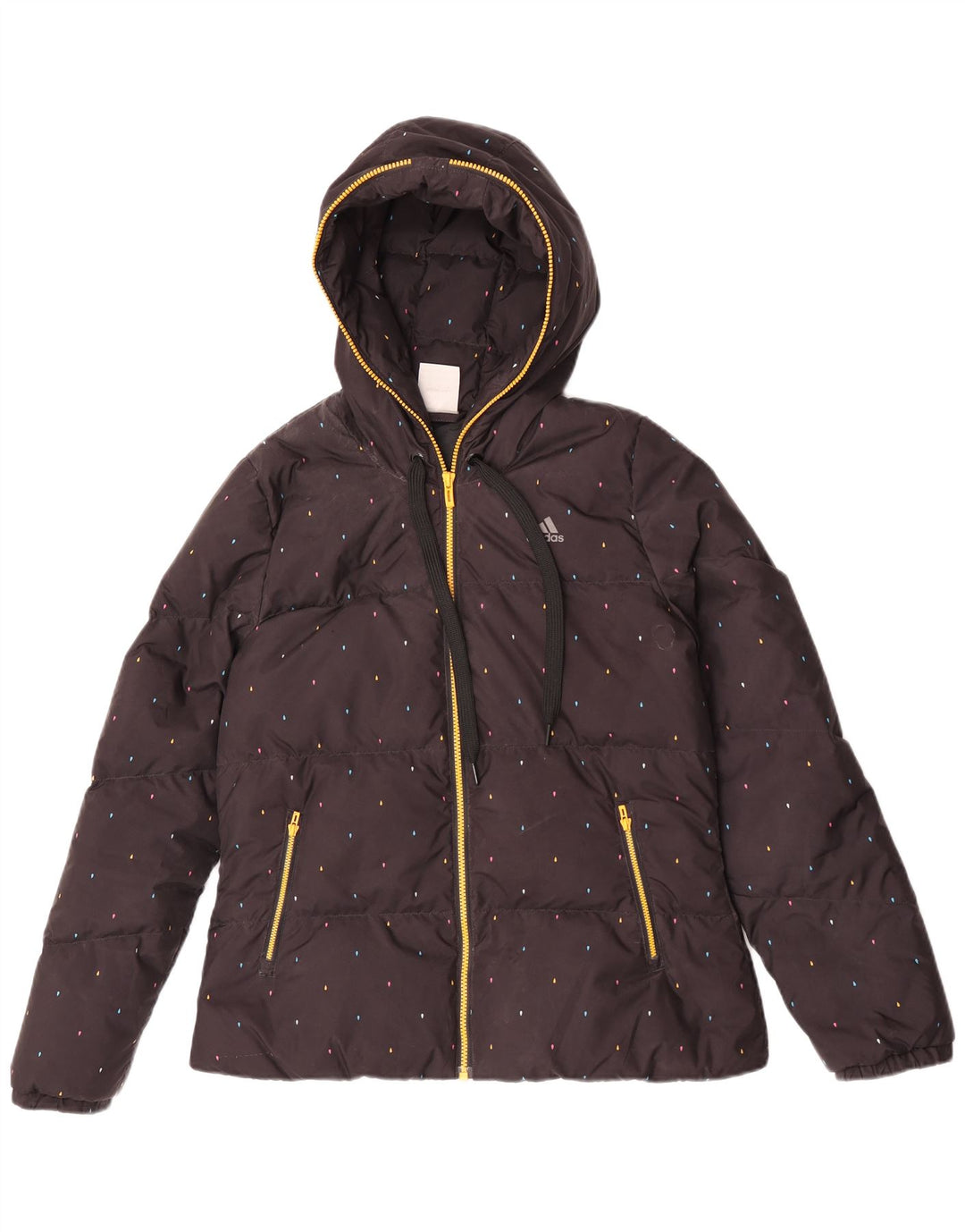Jaqueta acolchoada com capuz feminina Adidas UK 14 poliéster manchado preto médio