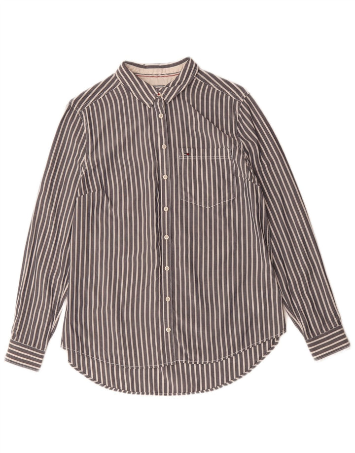 Camisa feminina Tommy Hilfiger UK 14 algodão listrado cinza médio