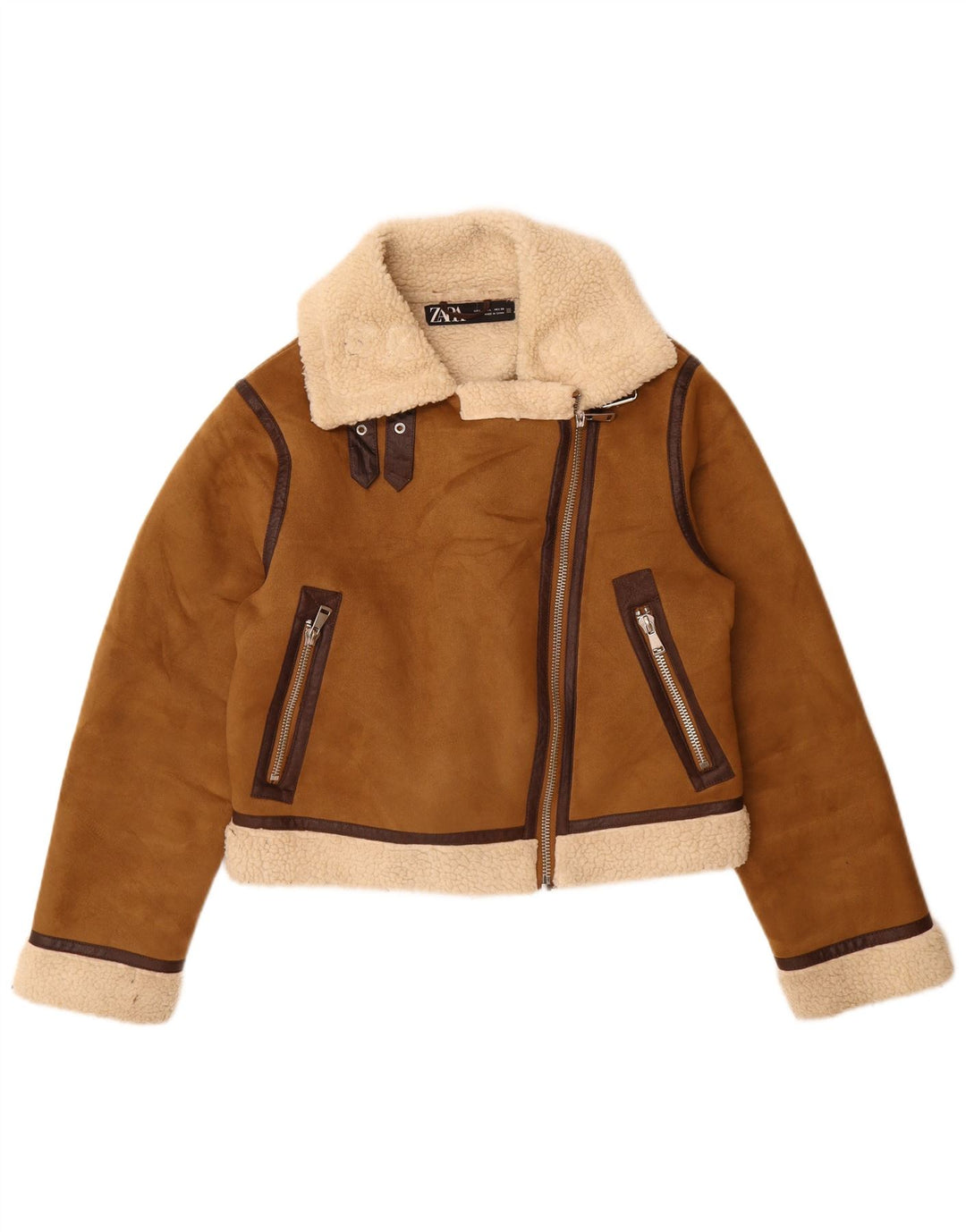 Zara Womens Sherpa Jacket UK 16 Grande Poliéster Marrom
