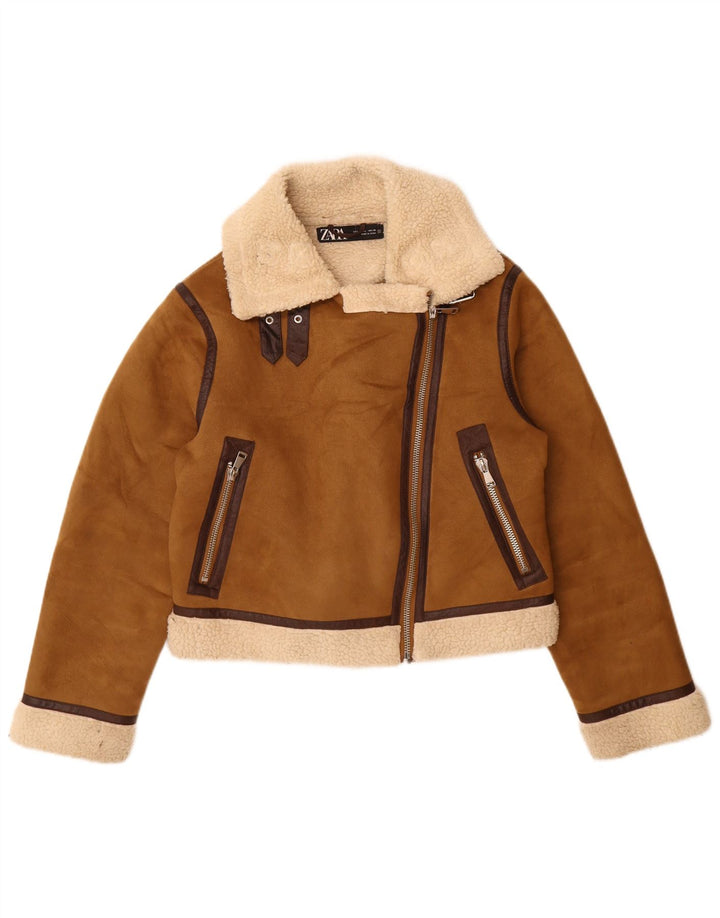 Zara Womens Sherpa Jacket UK 16 Grande Poliéster Marrom