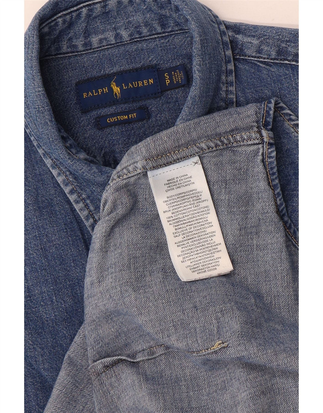 Camisa jeans masculina Ralph Lauren com ajuste personalizado pequeno azul algodão
