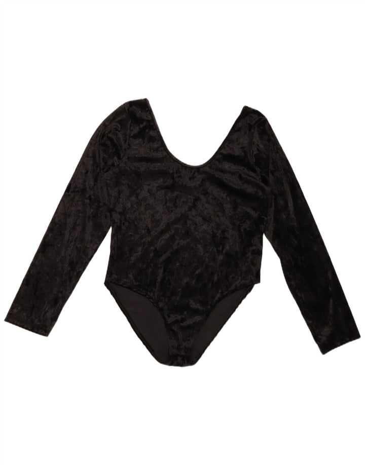 Body feminino VINTAGE de veludo manga comprida UK 10 pequeno poliéster preto