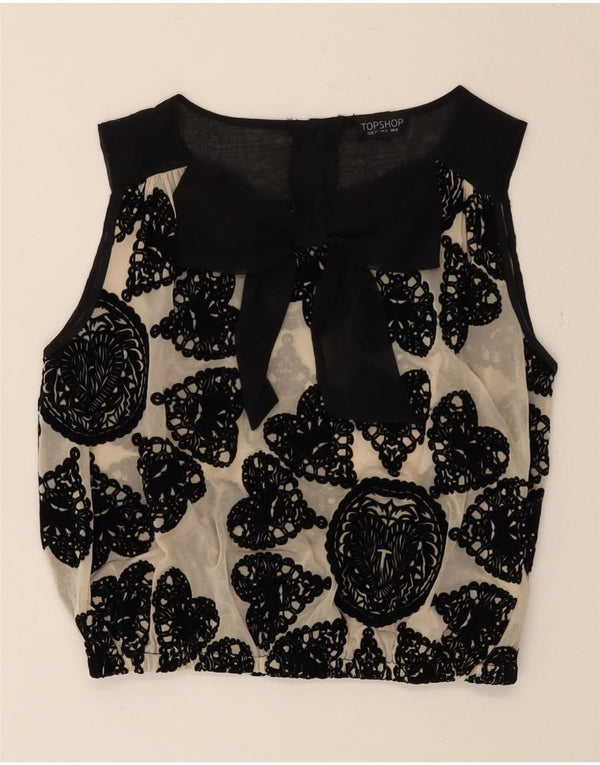 Topshop feminino sem mangas transparente, top UK 8 pequeno preto floral