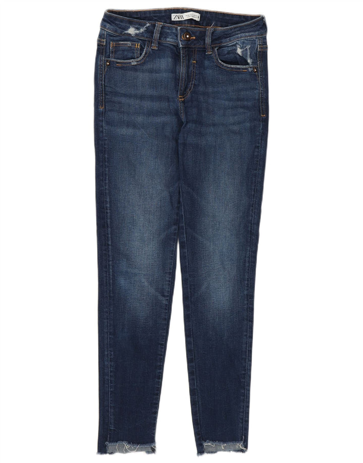 Zara Jeans feminino slim desgastado UE 38 pequeno W28 L26 algodão azul marinho