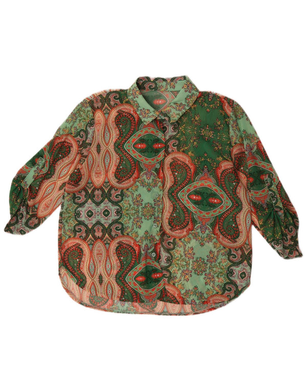 Blusa feminina vintage transparente Reino Unido 16 grande verde Paisley