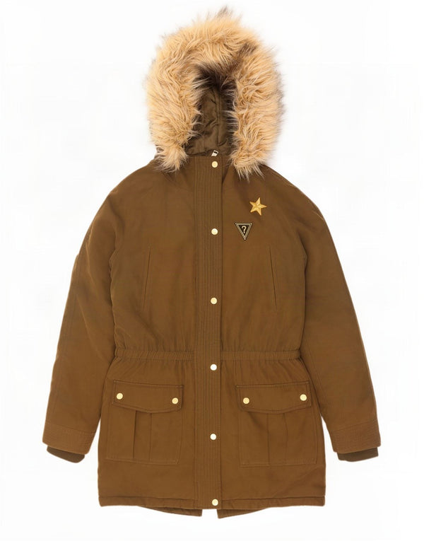 Jaqueta feminina Parka com capuz grande Guess Reino Unido 6 XS cáqui poliéster