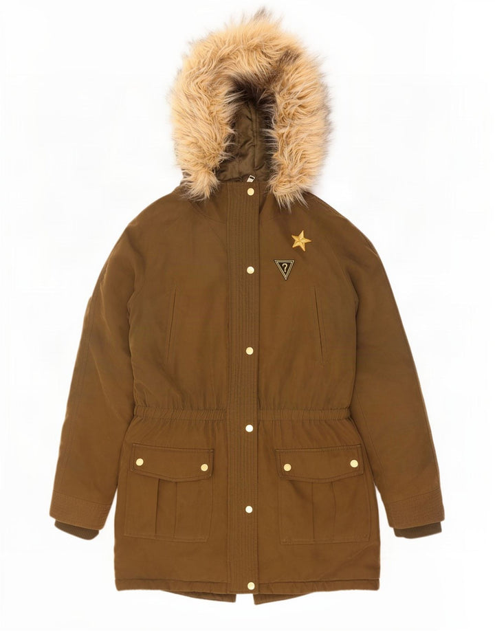 Jaqueta feminina Parka com capuz grande Guess Reino Unido 6 XS cáqui poliéster