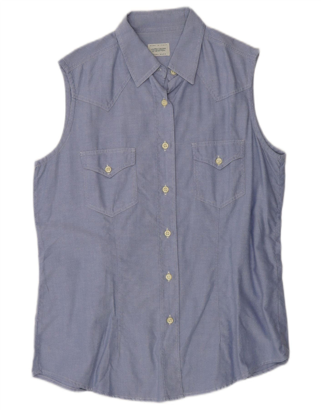 Camisa feminina sem mangas BENETTON IT 46 grande algodão azul