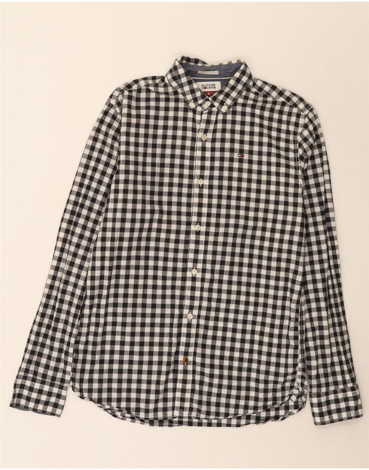 Camisa masculina TOMMY HILFIGER pequena preta de algodão guingão