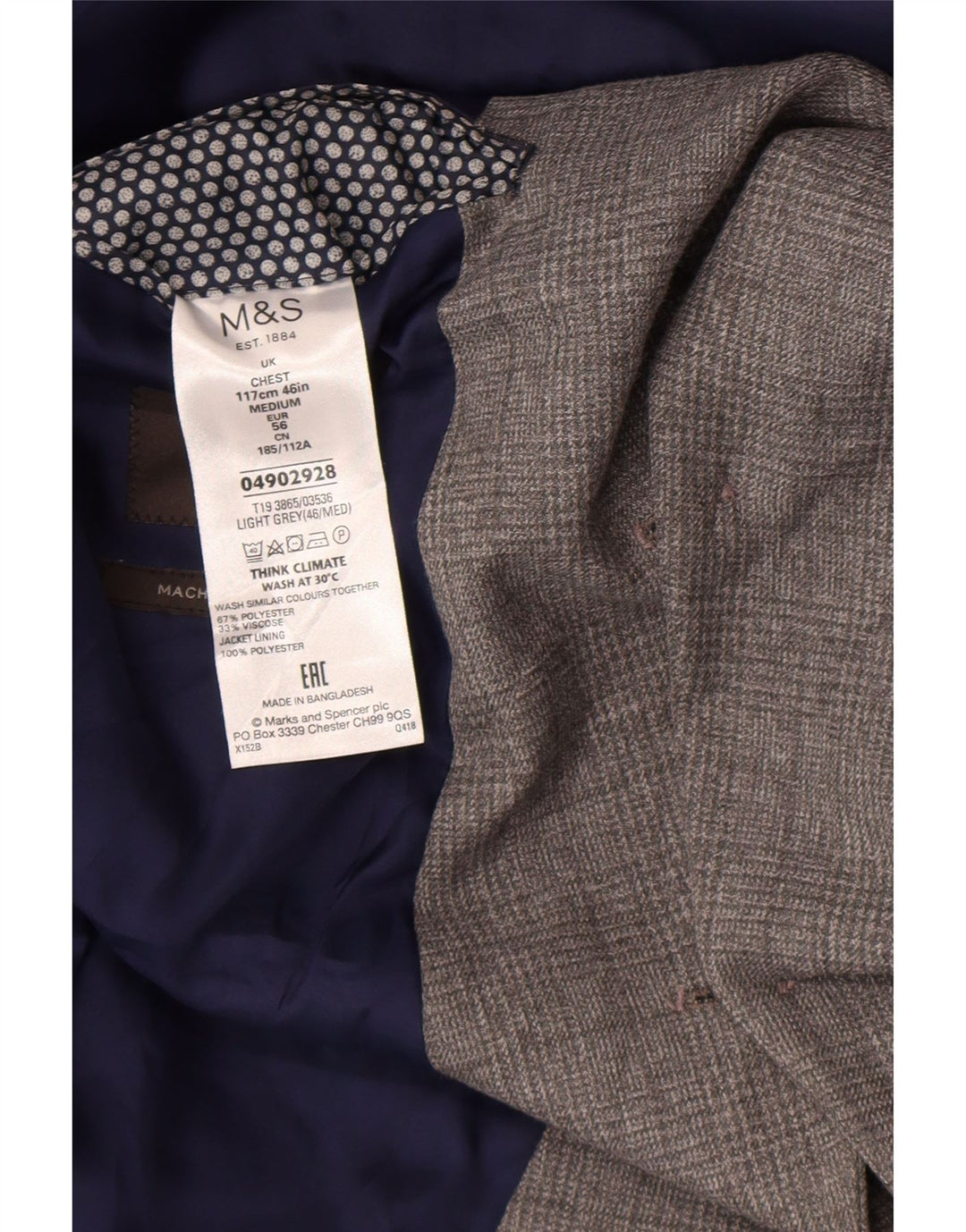Jaqueta blazer masculina de 2 botões Marks & Spencer Reino Unido 46 XL poliéster xadrez cinza