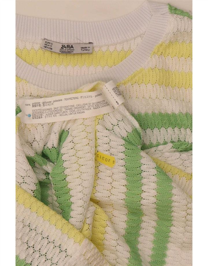 Zara blusa feminina de malha top UK 10 poliéster listrado pequeno multicolorido