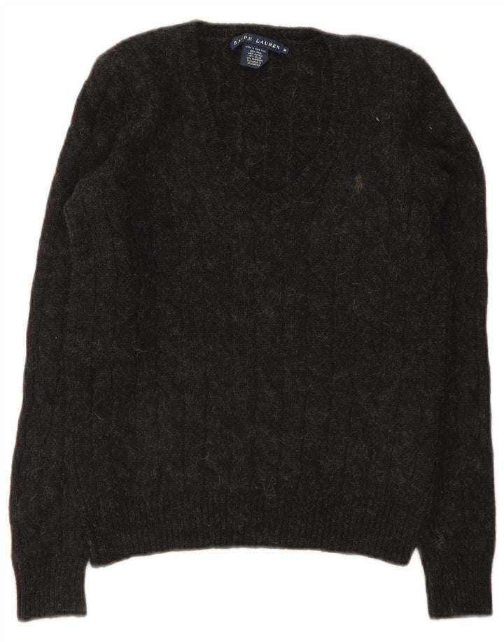 Suéter feminino Ralph Lauren com decote em V Reino Unido 12 lã cinza médio
