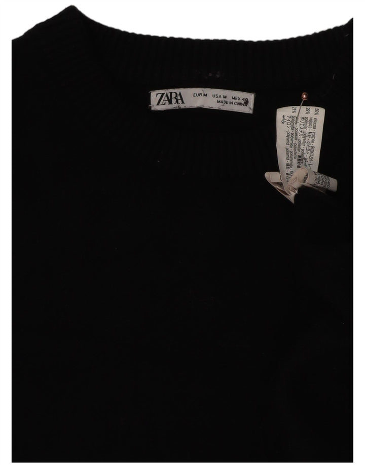Suéter feminino Zara com gola redonda e viscose preta média UK 14