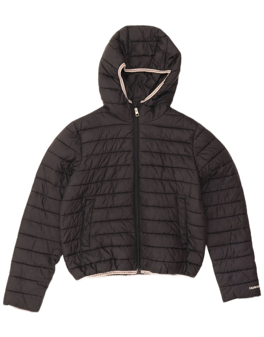 Jaqueta Calvin Klein Jeans feminina com capuz grande e acolchoada Reino Unido 10 pequena preta