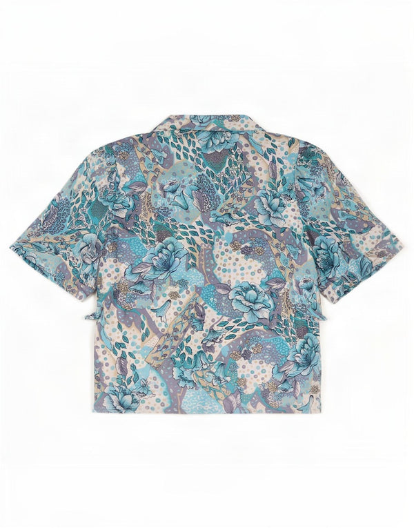 Blusa feminina vintage de manga curta Reino Unido 16 grande poliéster floral azul