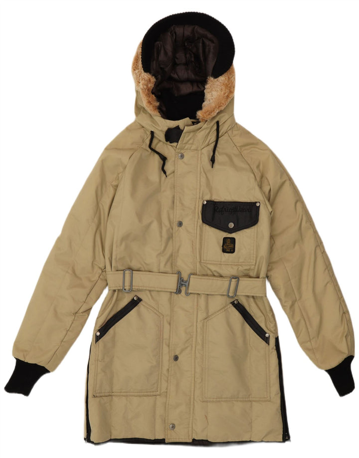 Jaqueta parka feminina com capuz Refrigiwear Reino Unido 16 grande bloco colorido bege