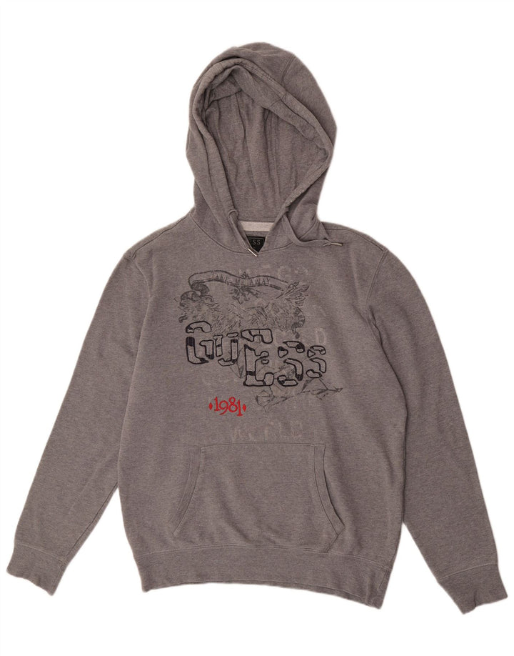 Suéter com capuz gráfico Guess masculino algodão cinza médio
