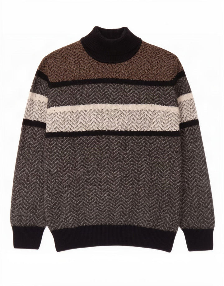 Suéter vintage masculino com gola redonda e lã grande cinza Chevron