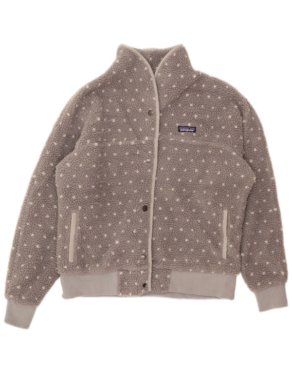 Jaqueta de lã feminina Patagonia UK 16 grande poliéster manchado cinza