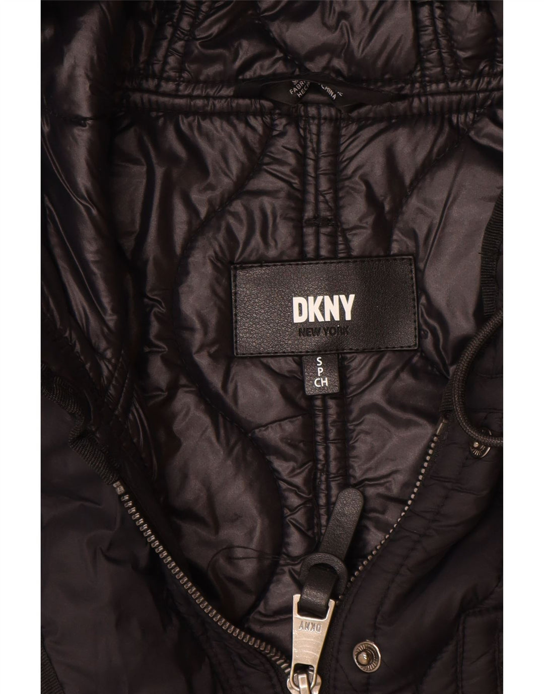 Sobretudo feminino acolchoado com capuz grande Dkny Reino Unido 10 pequeno nylon preto