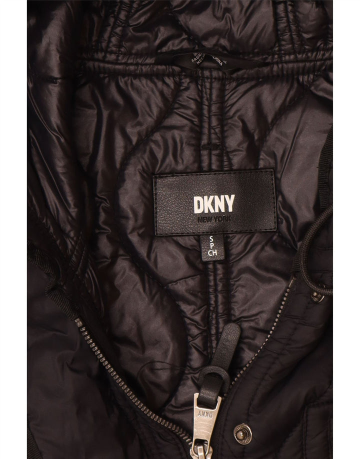 Sobretudo feminino acolchoado com capuz grande Dkny Reino Unido 10 pequeno nylon preto